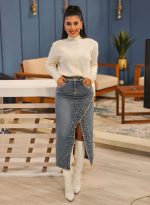 JEAN SKIRT PENCIL RHINESTONES