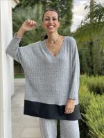BLOUSE V NECK ECO LEATHER DETAIL