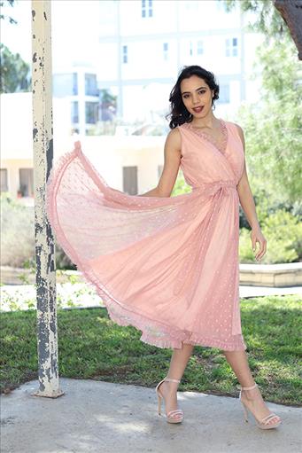 MIDI DRESS V RUFFLE  NECK